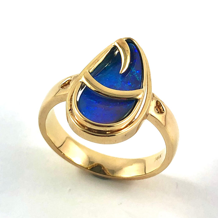 Australian blue Boulder opal organic sprout design solid yellow gold ring Size 11.5 US - Ready to ship or resize