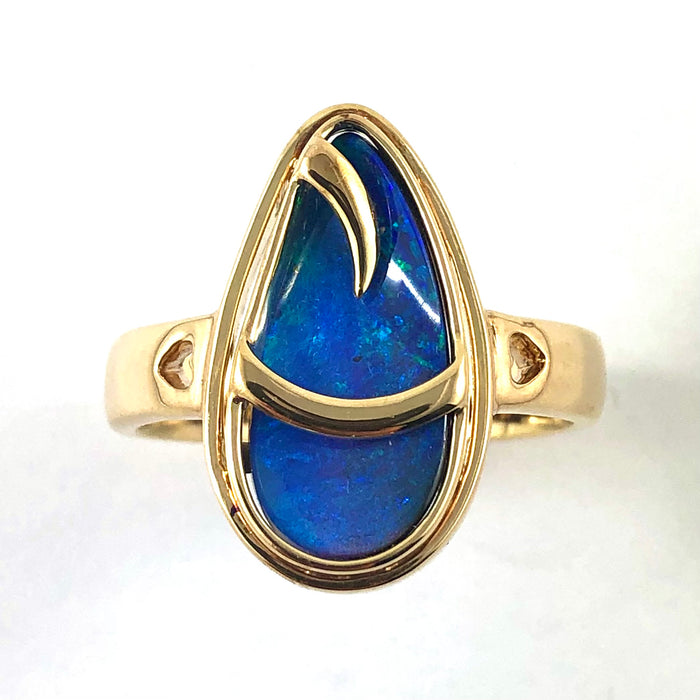 Australian blue Boulder opal organic sprout design solid yellow gold ring Size 11.5 US - Ready to ship or resize