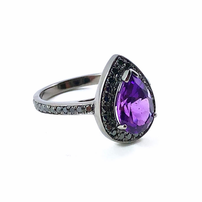 Amethyst pear gemstone halo gold ring - Customise size, halo gemstones and gold colour