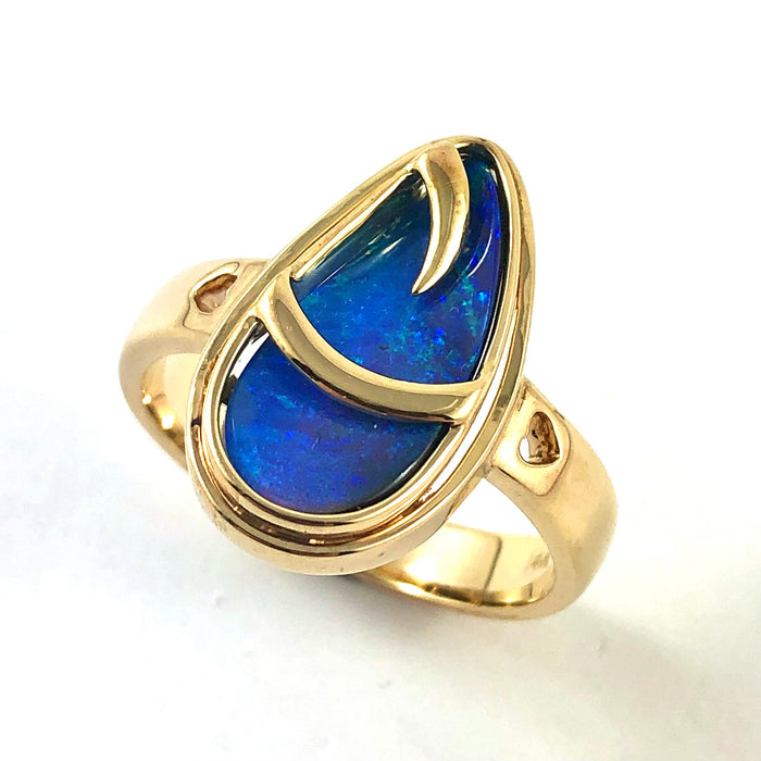 Australian blue Boulder opal organic sprout design solid yellow gold ring Size 11.5 US - Ready to ship or resize