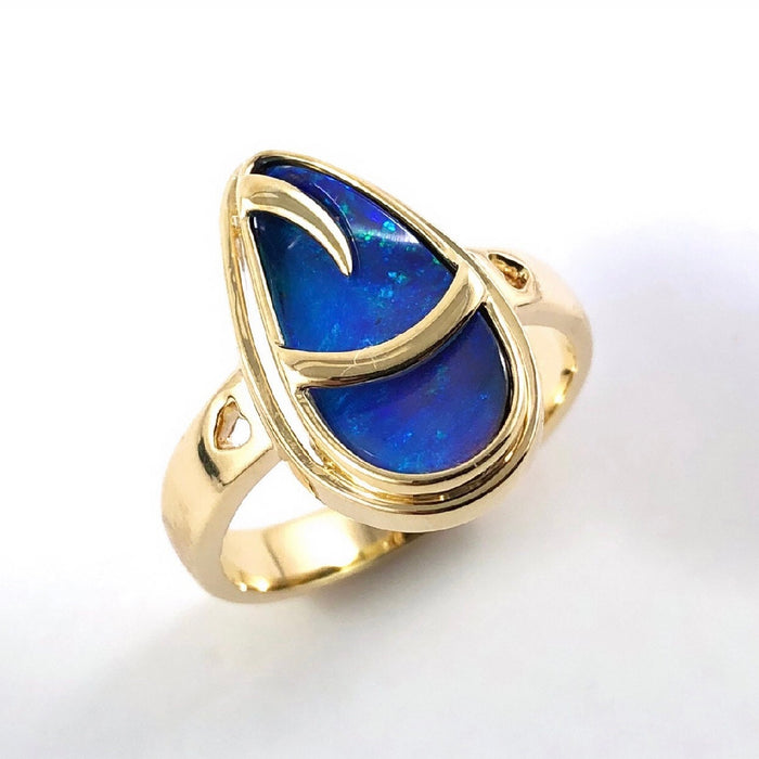 Australian blue Boulder opal organic sprout design solid yellow gold ring Size 11.5 US - Ready to ship or resize