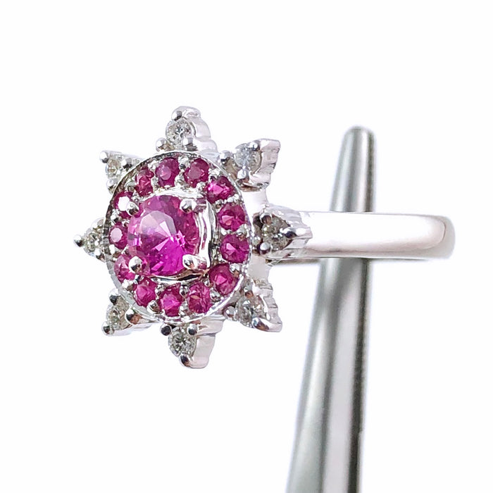 Australian pink sapphire pink ruby diamond 14k white gold flower ring