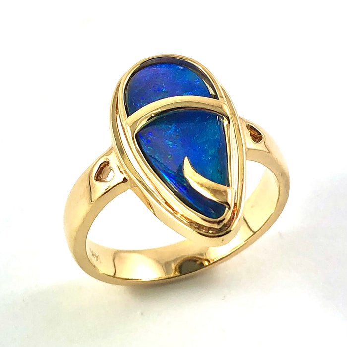 Australian blue Boulder opal organic sprout design solid yellow gold ring Size 11.5 US - Ready to ship or resize