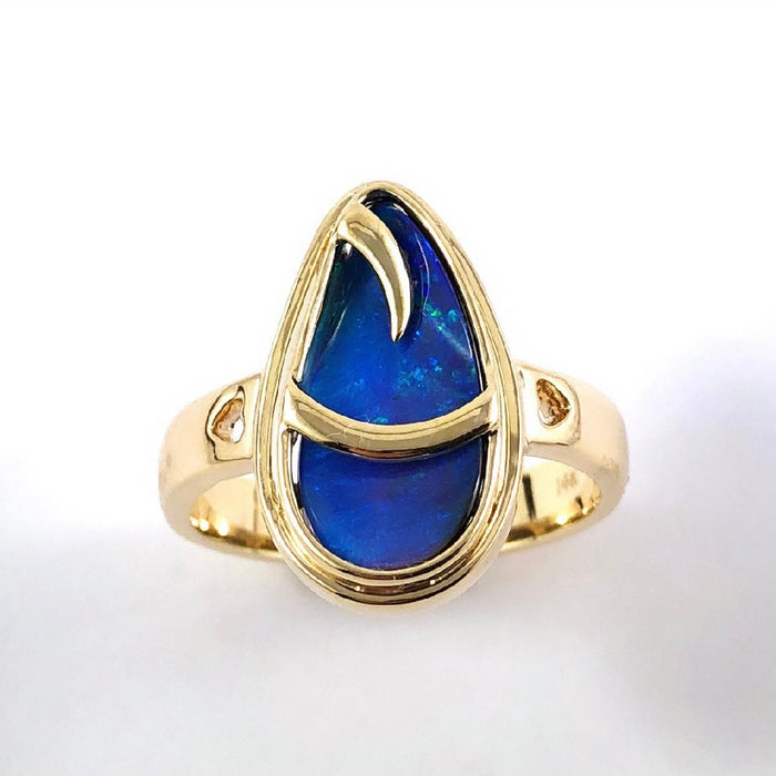 Australian blue Boulder opal organic sprout design solid yellow gold ring Size 11.5 US - Ready to ship or resize