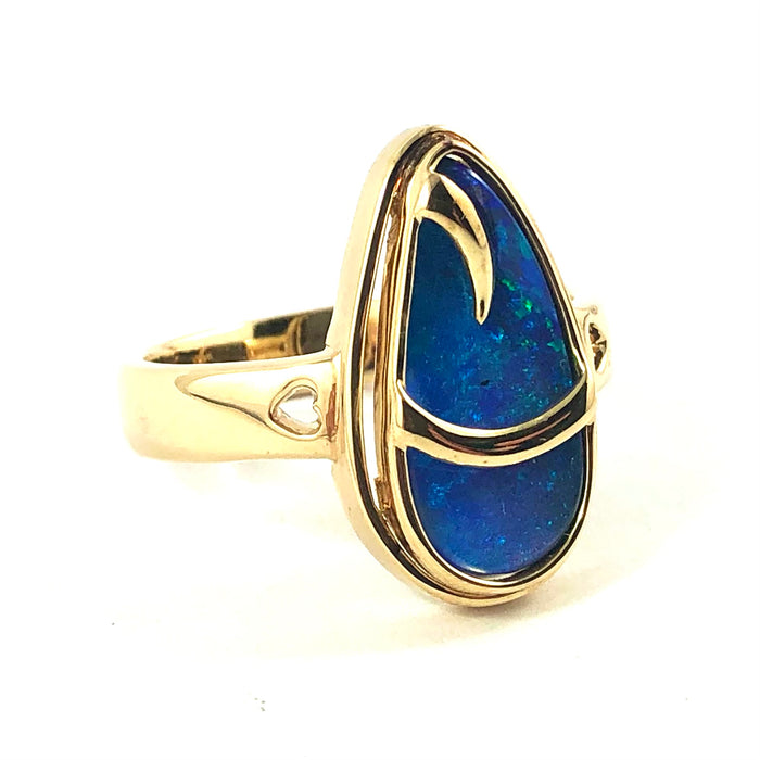 Australian blue Boulder opal organic sprout design solid yellow gold ring Size 11.5 US - Ready to ship or resize