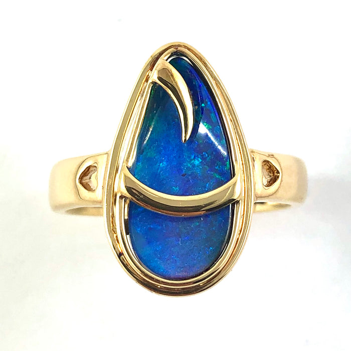 Australian blue Boulder opal organic sprout design solid yellow gold ring Size 11.5 US - Ready to ship or resize