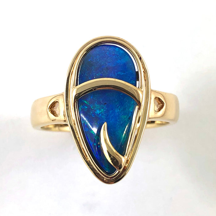 Australian blue Boulder opal organic sprout design solid yellow gold ring Size 11.5 US - Ready to ship or resize