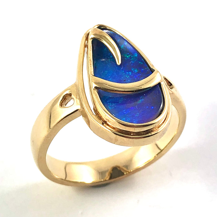 Australian blue Boulder opal organic sprout design solid yellow gold ring Size 11.5 US - Ready to ship or resize