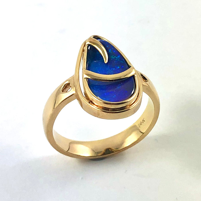 Australian blue Boulder opal organic sprout design solid yellow gold ring Size 11.5 US - Ready to ship or resize