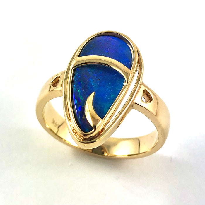 Australian blue Boulder opal organic sprout design solid yellow gold ring Size 11.5 US - Ready to ship or resize