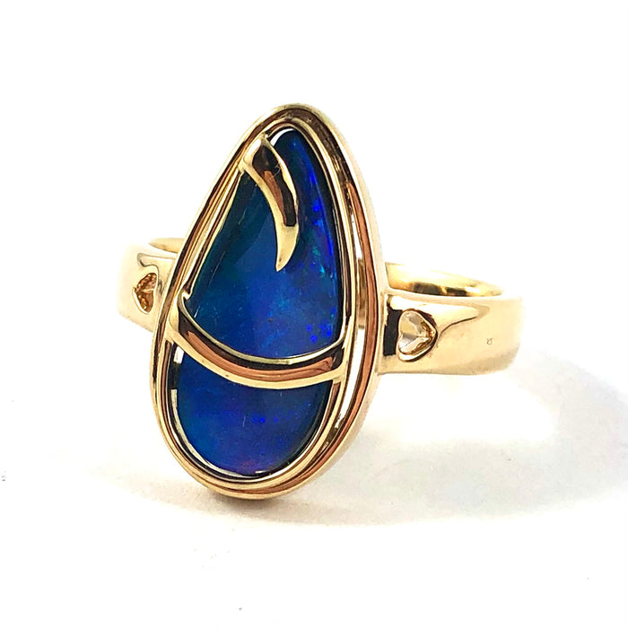 Australian blue Boulder opal organic sprout design solid yellow gold ring Size 11.5 US - Ready to ship or resize