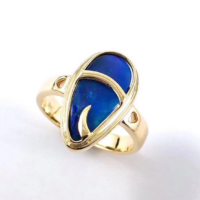 Australian blue Boulder opal organic sprout design solid yellow gold ring Size 11.5 US - Ready to ship or resize