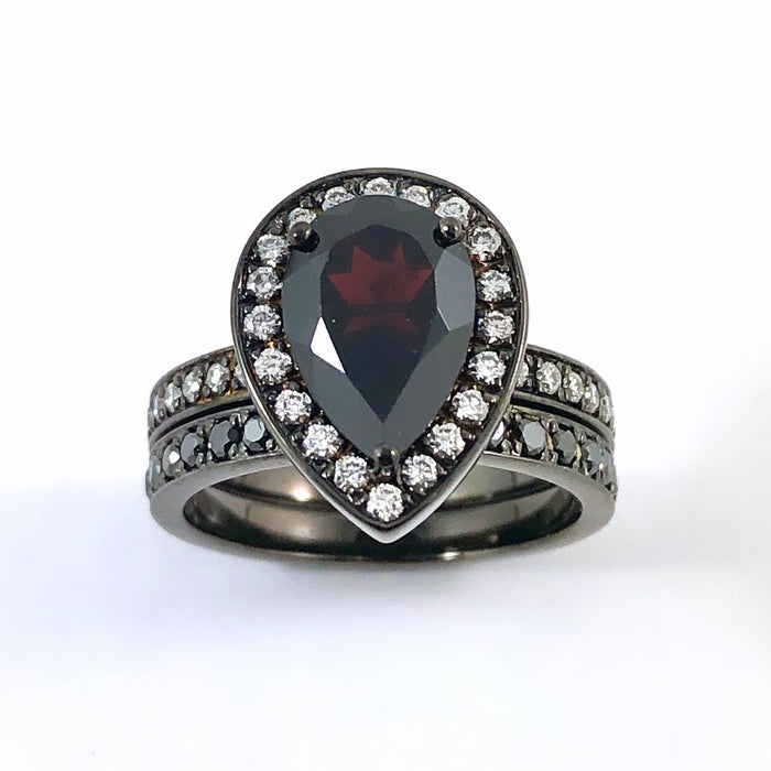 Pyrope Garnet pear diamond halo 14k gold ring - Customise size, diamond and gold colour