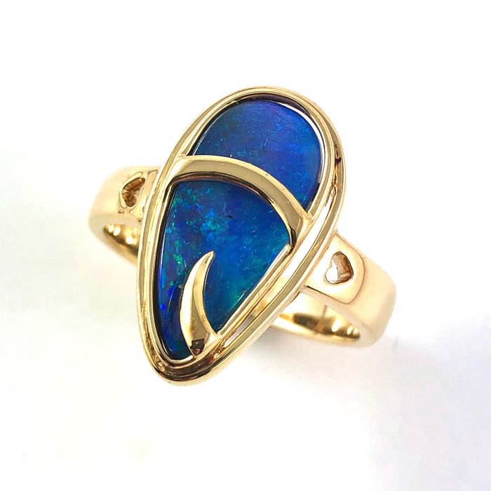 Australian blue Boulder opal organic sprout design solid yellow gold ring Size 11.5 US - Ready to ship or resize