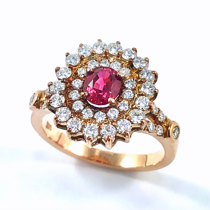 Red spinel oval and diamond rose gold ring