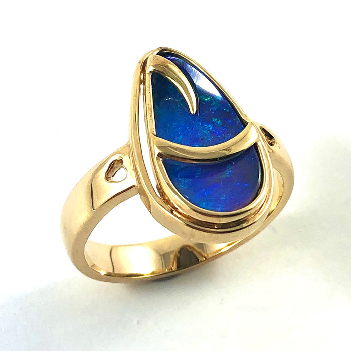 Australian blue Boulder opal organic sprout design solid yellow gold ring Size 11.5 US - Ready to ship or resize