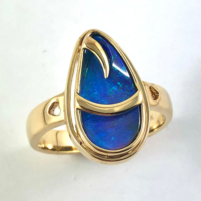 Australian blue Boulder opal organic sprout design solid yellow gold ring Size 11.5 US - Ready to ship or resize