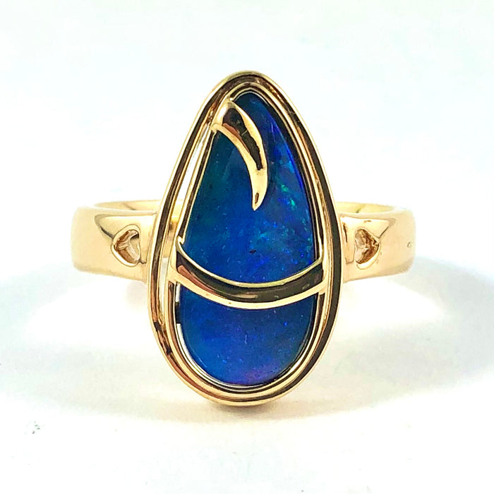 Australian blue Boulder opal organic sprout design solid yellow gold ring Size 11.5 US - Ready to ship or resize