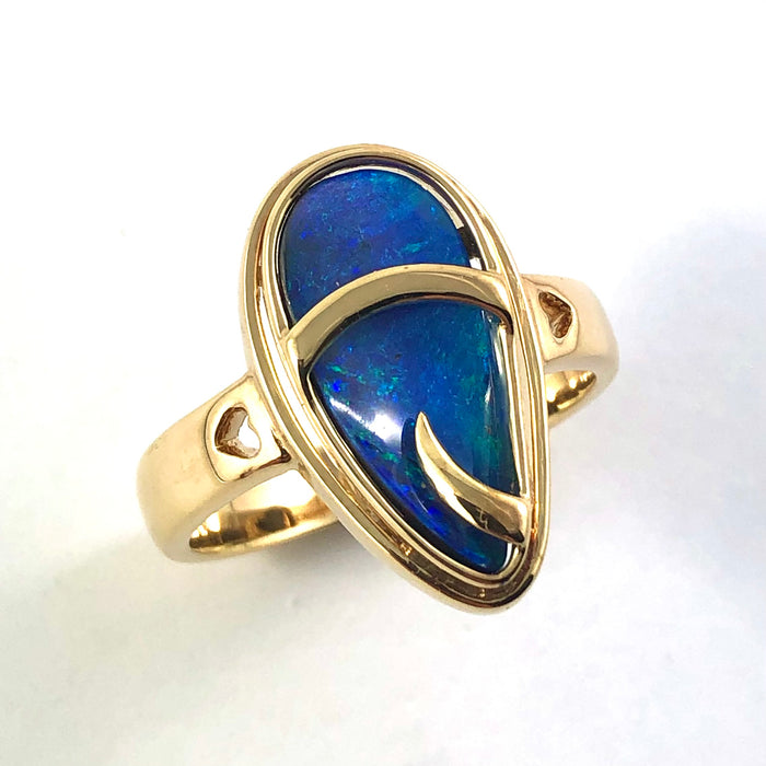 Australian blue Boulder opal organic sprout design solid yellow gold ring Size 11.5 US - Ready to ship or resize