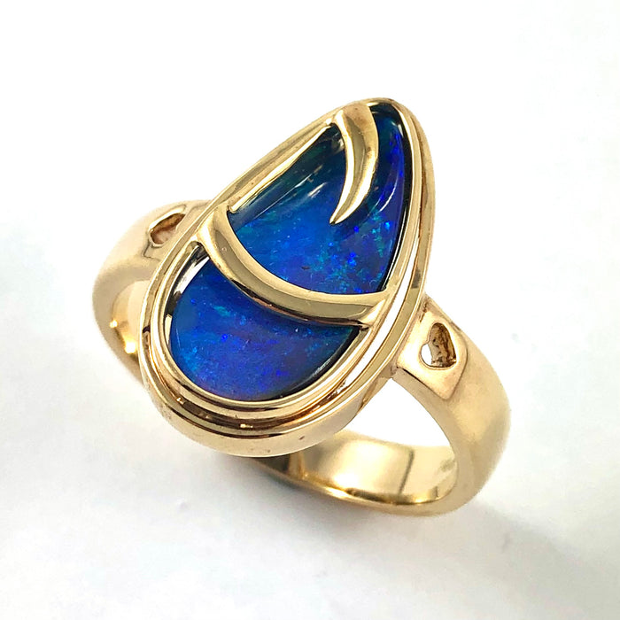 Australian blue Boulder opal organic sprout design solid yellow gold ring Size 11.5 US - Ready to ship or resize