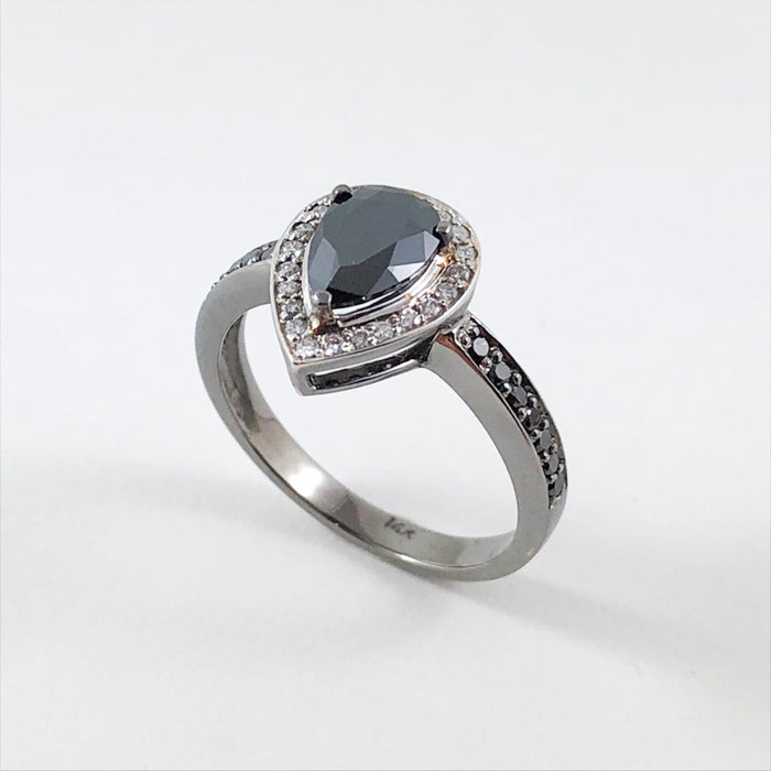 RESERVED for John - Repair for Black diamond & diamond pear halo 14k gold ring - Certified
