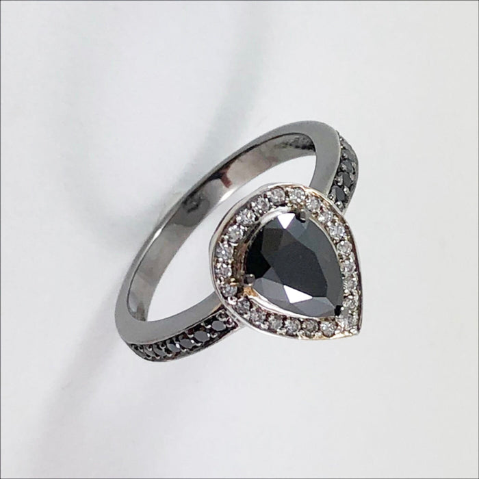 RESERVED for John - Repair for Black diamond & diamond pear halo 14k gold ring - Certified