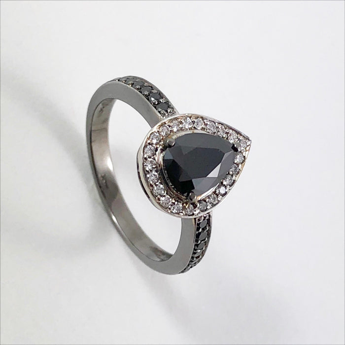 RESERVED for John - Repair for Black diamond & diamond pear halo 14k gold ring - Certified