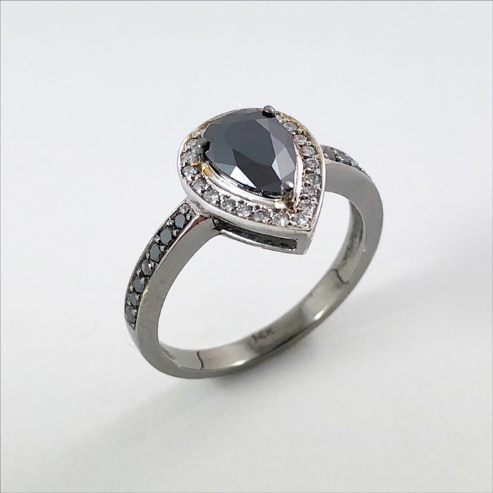 RESERVED for John - Repair for Black diamond & diamond pear halo 14k gold ring - Certified