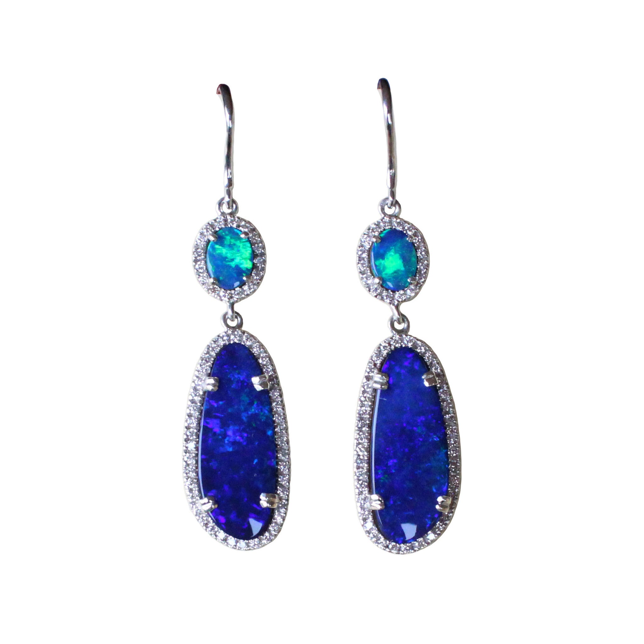 Electric blue Australian opal diamond solid silver dangle earrings - Ready to ship - Sarah Hughes - 1