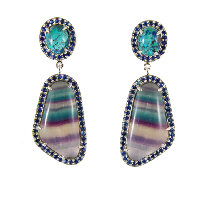 Rainbow fluorite, chrysocolla, blue sapphire halo silver dangle earrings