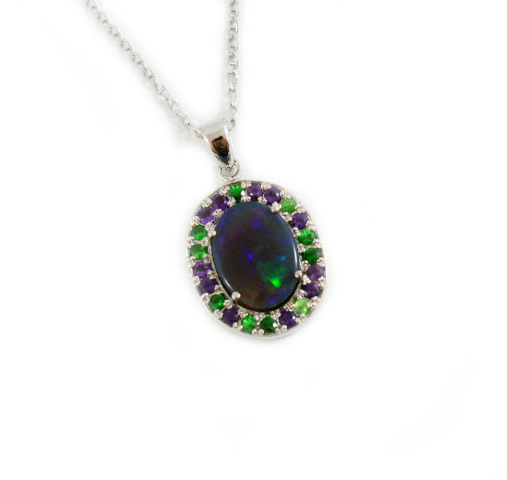 Australian jelly opal Tsavorite garnet and amethyst halo white gold pendant necklace - Sarah Hughes - 3
