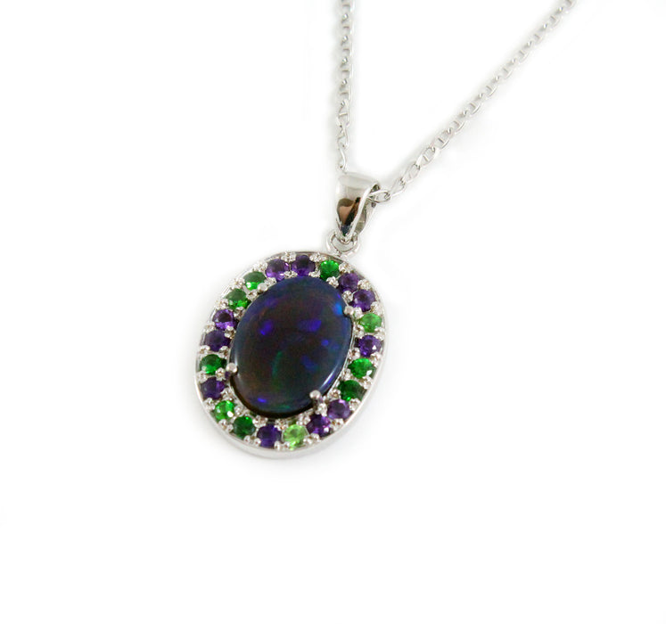 Australian jelly opal Tsavorite garnet and amethyst halo white gold pendant necklace - Sarah Hughes - 2