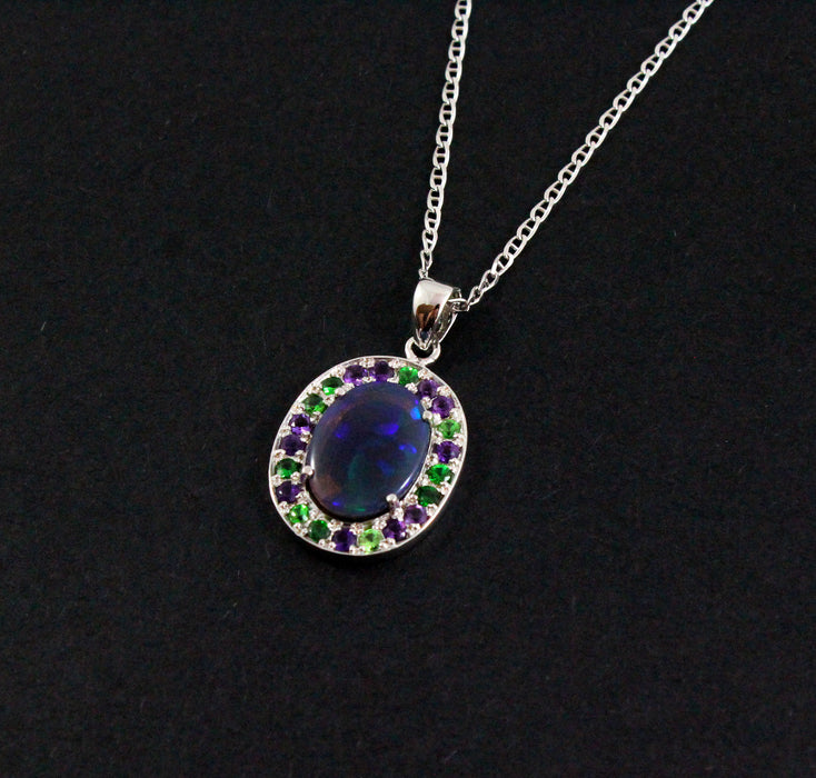 Australian jelly opal Tsavorite garnet and amethyst halo white gold pendant necklace - Sarah Hughes - 6