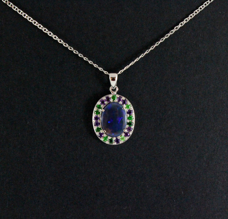 Australian jelly opal Tsavorite garnet and amethyst halo white gold pendant necklace - Sarah Hughes - 7