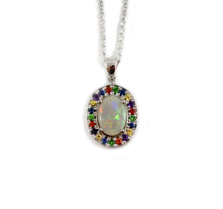 Australian opal fancy sapphires and amethyst halo white gold pendant necklace - Sarah Hughes - 2