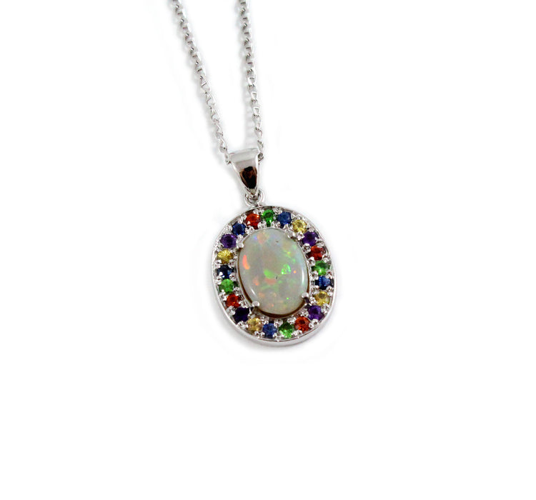 Australian opal fancy sapphires and amethyst halo white gold pendant necklace - Sarah Hughes - 3