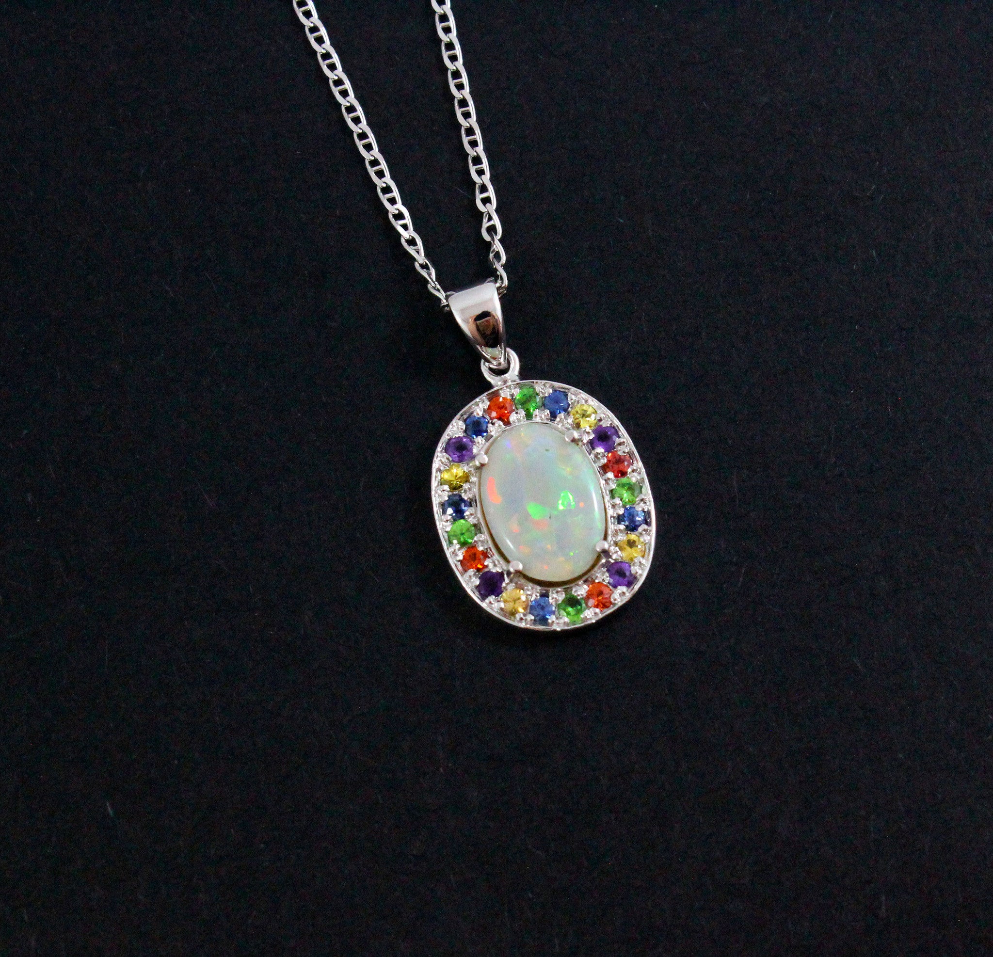 Australian opal fancy sapphires and amethyst halo white gold pendant necklace - Sarah Hughes - 5