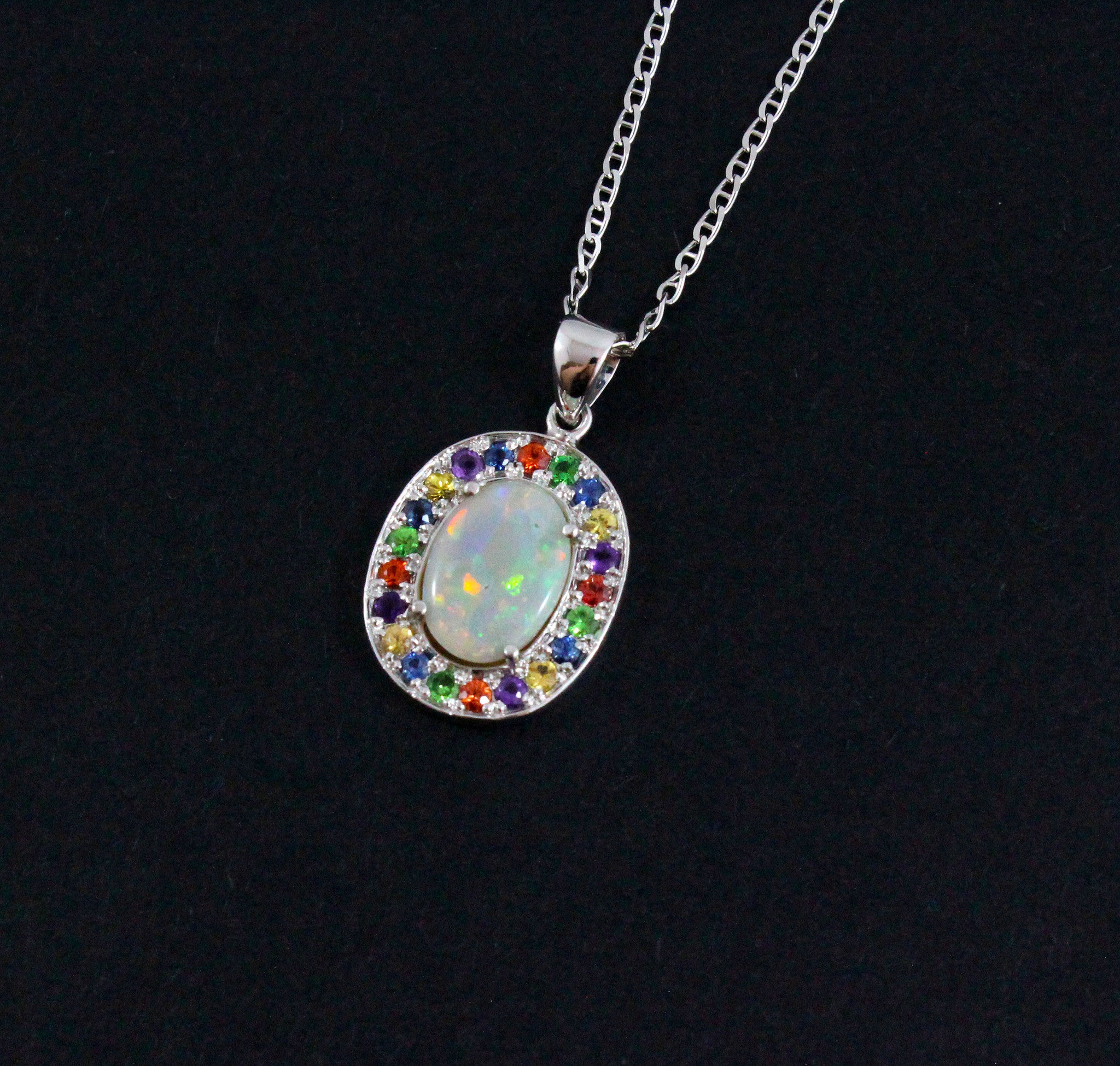Australian opal fancy sapphires and amethyst halo white gold pendant necklace - Sarah Hughes - 6