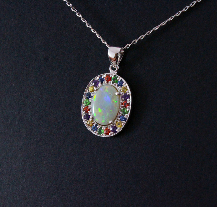 Australian opal fancy sapphires and amethyst halo white gold pendant necklace - Sarah Hughes - 7
