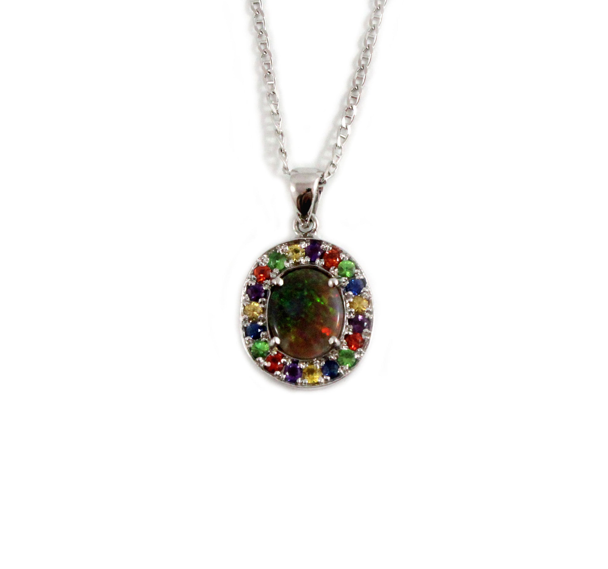 Australian opal fancy sapphires and amethyst halo white gold pendant necklace - Sarah Hughes - 2