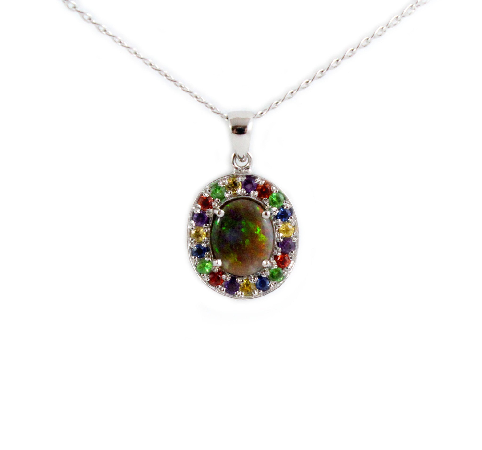 Australian opal fancy sapphires and amethyst halo white gold pendant necklace - Sarah Hughes - 3