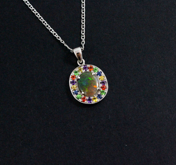 Australian opal fancy sapphires and amethyst halo white gold pendant necklace - Sarah Hughes - 5
