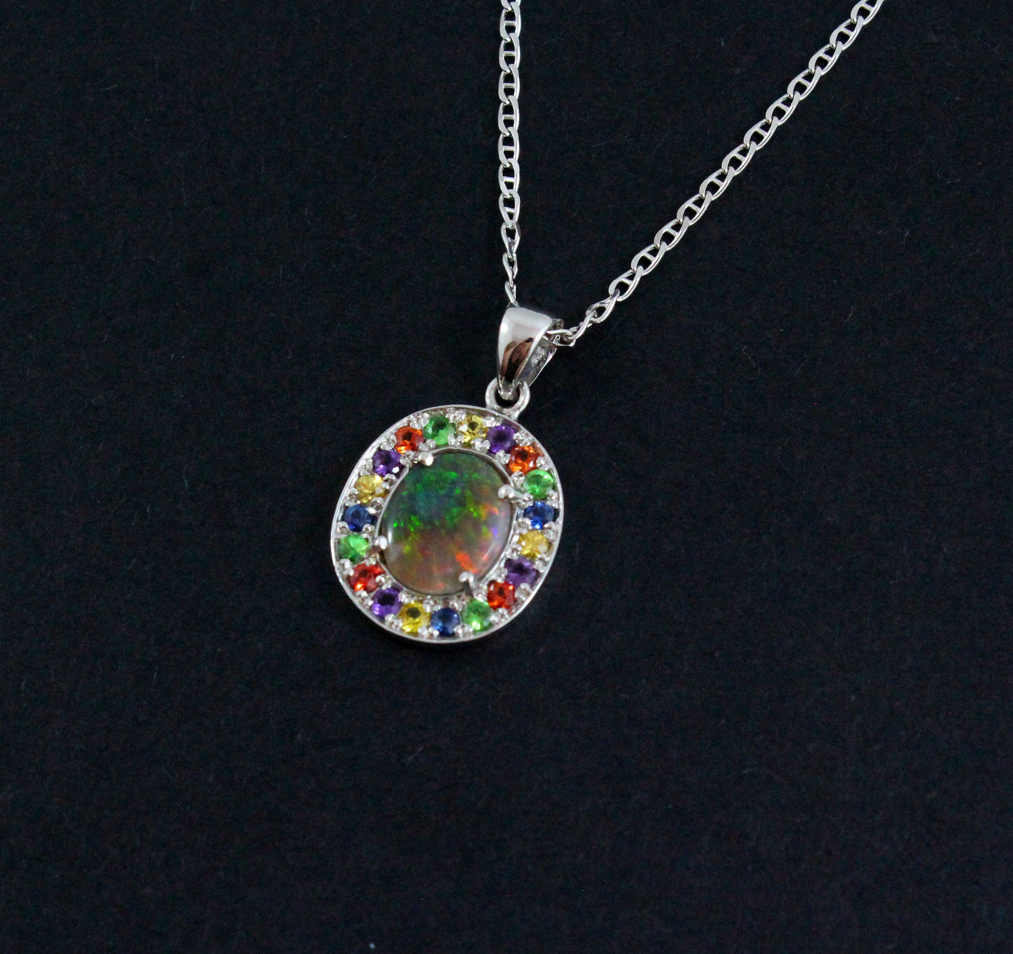 Australian opal fancy sapphires and amethyst halo white gold pendant necklace - Sarah Hughes - 4