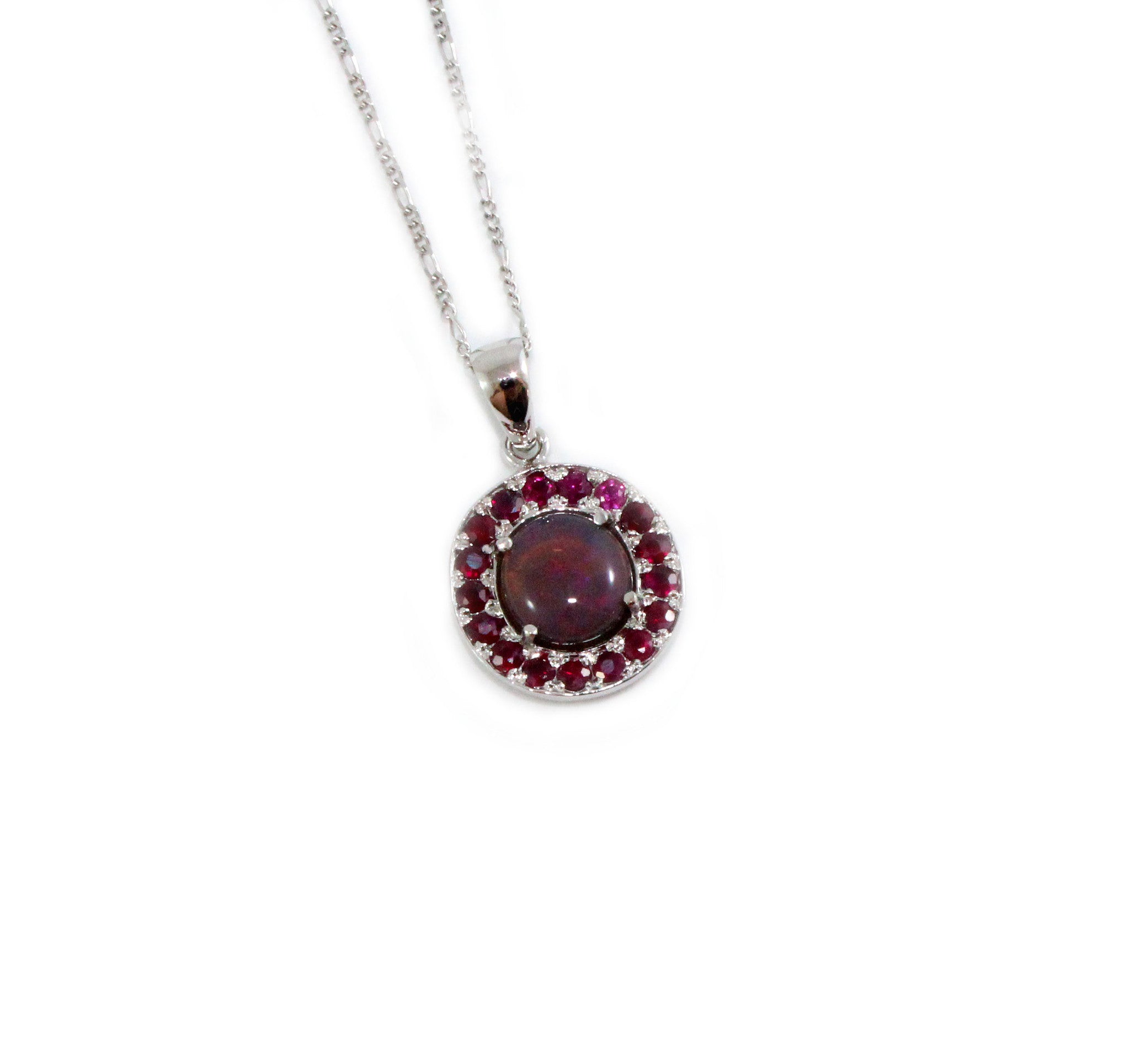 Australian jelly opal and ruby halo white gold pendant necklace - Sarah Hughes - 2
