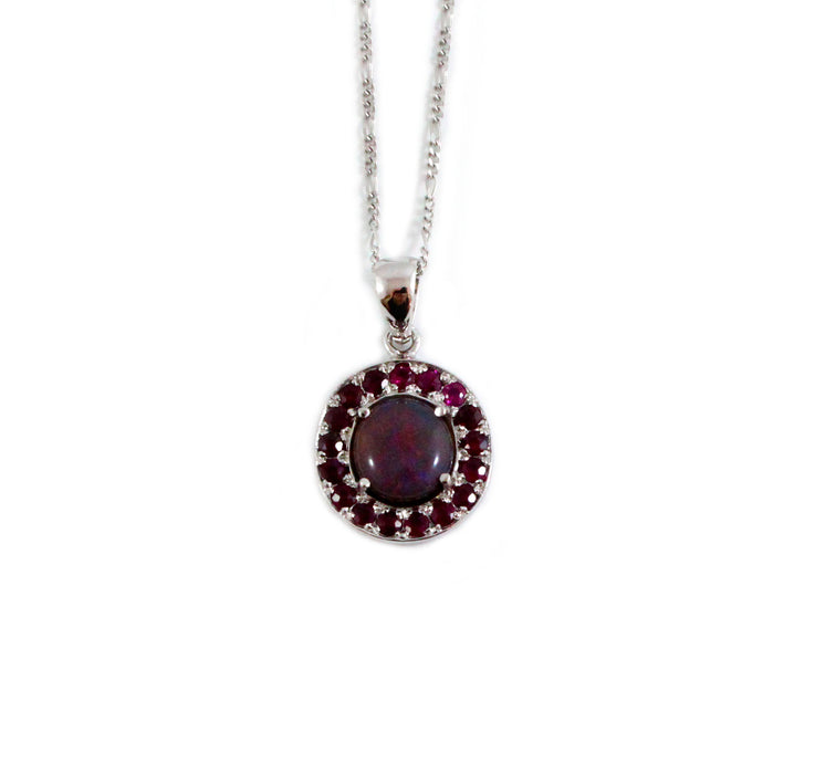 Australian jelly opal and ruby halo white gold pendant necklace - Sarah Hughes - 3