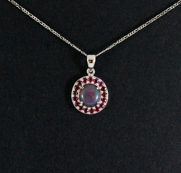 Australian jelly opal and ruby halo white gold pendant necklace - Sarah Hughes - 5