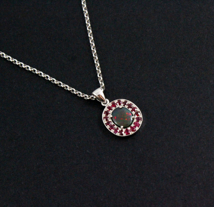 Australian black opal with ruby halo white gold pendant necklace - Ready to ship