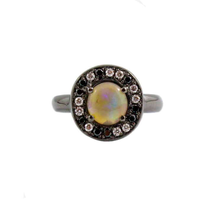 Australian jelly opal diamond black diamond halo black gold ring