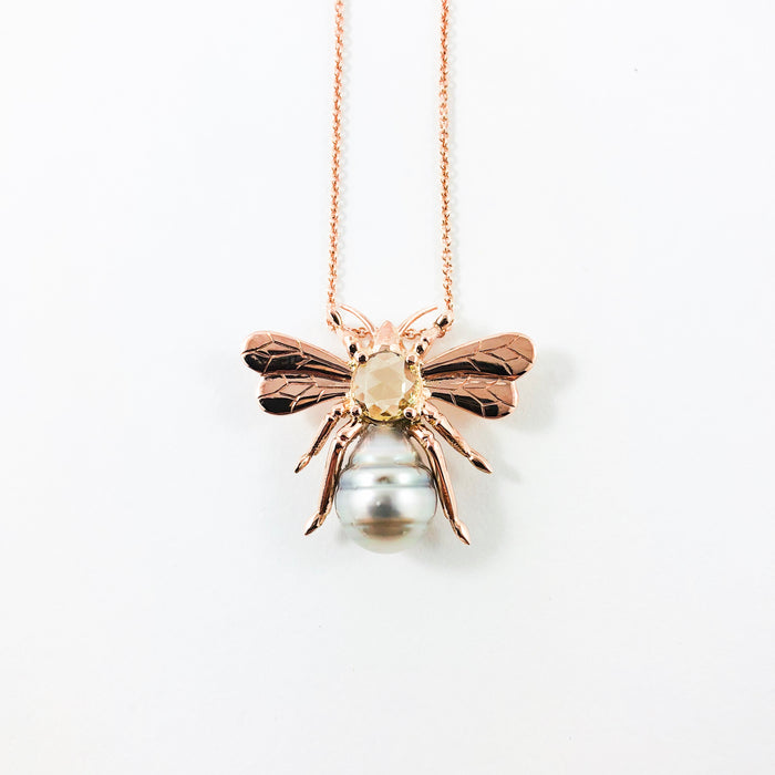 Bee insect Tahitian pearl, yellow rose cut sapphire, 14k rose gold pendant necklace