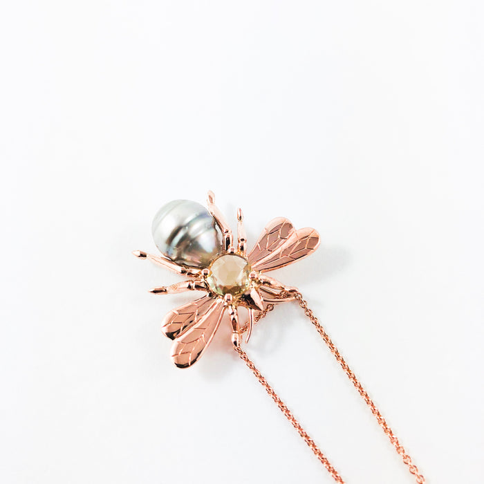 Bee insect Tahitian pearl, yellow rose cut sapphire, 14k rose gold pendant necklace